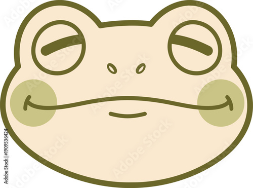 Cute cartoon frog face illustration, simple line art drawing of a happy amphibian head with closed eyes and a slight smile