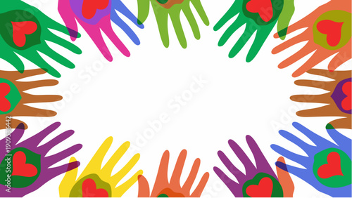 Diverse hands forming a circle with hearts symbolizing unity and love