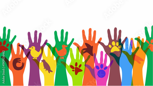 Diverse hands raised in unity with animal symbols