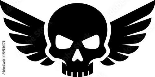 Black winged skull with menacing eyes icon. Halloween, danger, death, rebel concept. Vector illustration for sticker, shirt print, logo