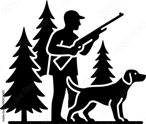 Hunter man with rifle and dog walking in forest. Hunting season concept. Vector illustration for outdoor activity design, t-shirt print