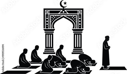Black Silhouette of Muslim Men Praying in Mosque with Islamic Arch and Crescent Moon Symbol for Ramadan Kareem and Eid Mubarak Vector Illustration