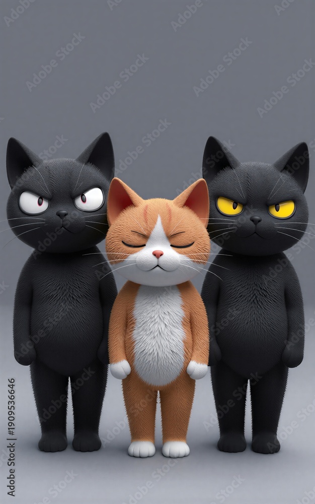Fototapeta premium Three cats: two black, one orange-white. Calm center cat between fierce rivals.