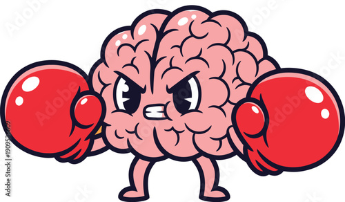 Cartoon angry brain character wearing red boxing gloves, ready to fight, concept of mental strength, intelligence, and competition