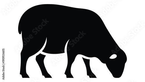 A black silhouette of a sheep grazing on a lush green field. isolated on white background, Vector