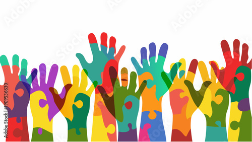 Diverse hands raised in unity and celebration with colorful puzzle pieces
