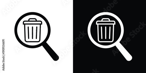 Vector illustration of a magnifying glass over a trash bin icon. Concept for search and delete, clearing cache, data recovery, or finding deleted files in black and white styles.