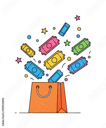 Colorful tickets and festive stars bursting out of a vibrant orange shopping bag representing shopping rewards and event celebration for special offers and sales promotion campaigns