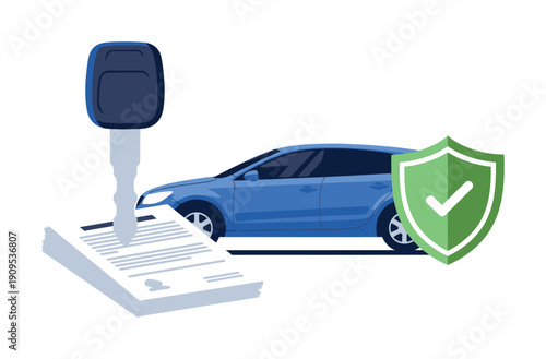 Blue car, car key, and contract documents with a protective green shield and checkmark symbolizing vehicle insurance or a secured purchase for automotive service promotion.