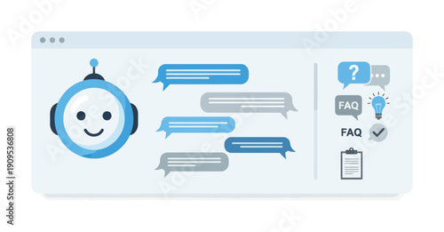 Friendly robot chatbot on a browser screen facilitating online customer service, providing information, and answering frequently asked questions for digital support solutions.