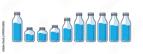 A collection of various sized glass bottles containing refreshing blue liquid, depicting different levels of volume and quantity, suitable for educational content or healthrelated