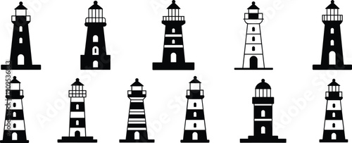 Collection of black and white lighthouse icons in various styles and patterns Keywords: lighthouse, beacon, maritime, navigation