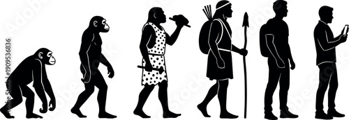 Human evolution timeline silhouette from ape to modern man using smartphone concept showing progress technology lifestyle change black illustration