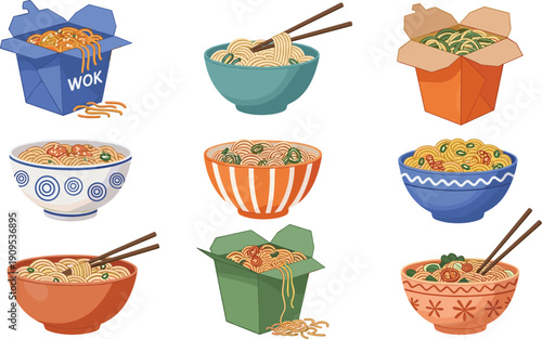 Asian noodle bowls and wok takeout boxes flat vector illustration set isolated on white background