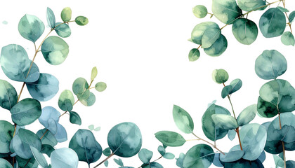 Watercolor eucalyptus leaves border a black void, offering a natural and elegant design