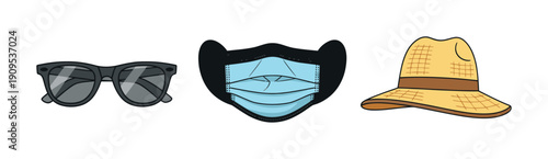 Essential items for a sunny vacation including stylish sunglasses, a protective face mask, and a classic straw hat, perfect for travel and holiday marketing materials.