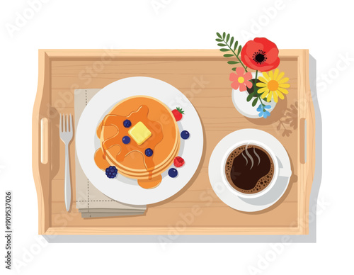 Enjoy a delightful morning breakfast spread featuring fluffy pancakes topped with butter, syrup, and fresh berries, alongside a steaming cup of coffee and a cheerful vase of flowers on a