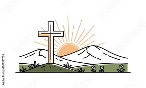 A simple Christian cross on a rolling hill with distant mountains under a radiating sunrise, offering a peaceful symbol of faith for spiritual and religious content.