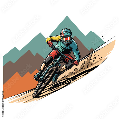 Dynamic mountain biker illustration on a downhill trail with mountains in the background