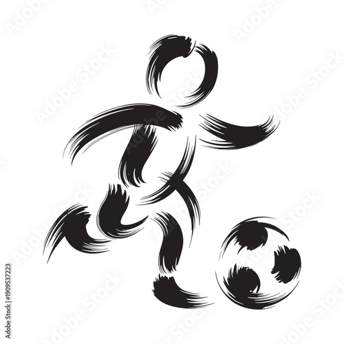 Abstract black brushstroke illustration depicting a soccer player kicking a ball