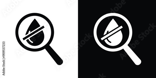 Magnifying glass focused on a crossed-out water drop. Concept for oil-free testing, water scarcity, liquid detection, or filtration failure. Minimalist flat vector design for technical use.