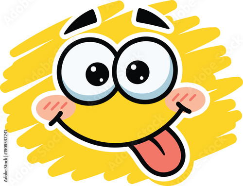 Funny yellow cartoon face sticking tongue out with playful expression on scribbled background