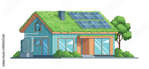 Modern ecofriendly house featuring a green living roof, solar panels for renewable energy, and a rainwater harvesting system for sustainable living