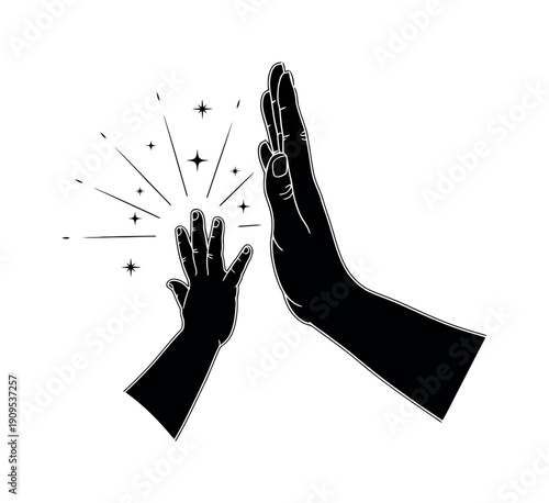 Bold black silhouette of a large hand high fiving a small hand with sparkling elements symbolizing encouragement mentorship success and a strong positive bond perfect for family and social