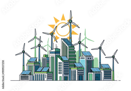 Eco friendly cityscape showcasing renewable energy sources with wind turbines and rooftop solar panels integrated into modern buildings representing sustainable urban development