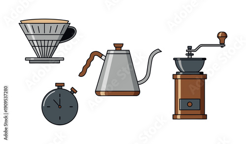 Coffee brewing tools collection featuring a pour over dripper, elegant gooseneck kettle, robust manual grinder, and precise stopwatch perfect for culinary websites or cafe promotional