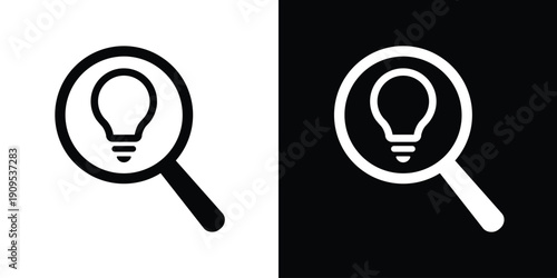 Magnifying glass with a light bulb inside. Represents searching for ideas, creative discovery, innovation, problem-solving, and brainstorming. Clean vector icons for business and creativity.