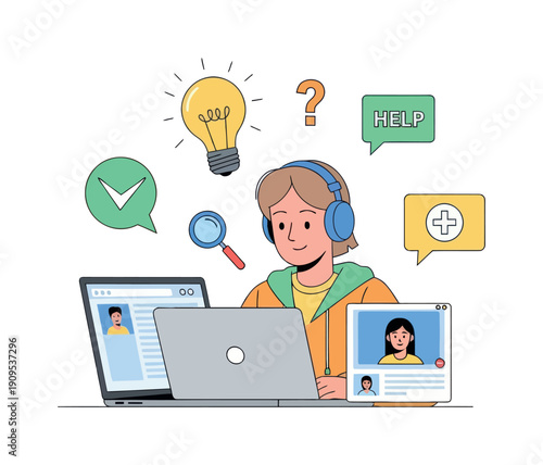 Young person wearing headphones engaging in remote online customer support and virtual communication for technical assistance, problemsolving, and elearning applications.
