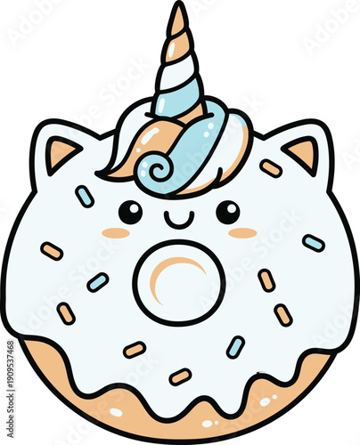 Cute kawaii unicorn donut character with sprinkles outline drawing