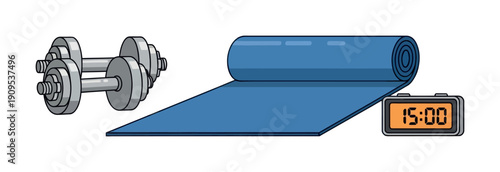 Fitness equipment including dumbbells, a yoga mat, and a digital timer showing 15 minutes, ideal for showcasing home workout routines, exercise plans, or gym training concepts.