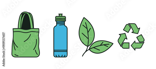 Essential collection of sustainable products for environmental protection including a reusable tote bag, a water bottle, fresh leaves, and a recycling symbol, ideal for ecofriendly