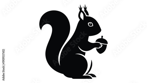 A black and white illustration of a squirrel holding an acorn. isolated on white background, Vector