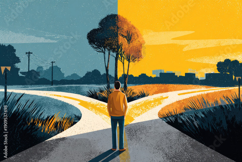 Go left or right. a man standing on the road thinking about choices, turning point, future 