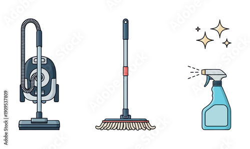 Essential household cleaning tools such as a vacuum cleaner, a mop, and a trigger spray bottle representing sparkle and hygiene for professional cleaning service promotions and domestic