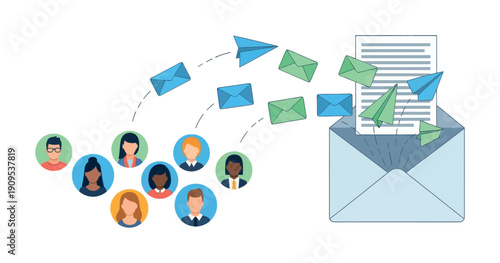 Diverse group of people avatars sending messages and paper airplanes into a large open envelope with a document, ideal for illustrating email marketing, newsletter, or communication