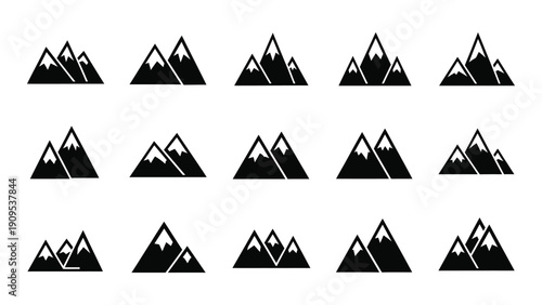 A collection of various mountain silhouettes arranged in a grid pattern isolated on white background, Vector