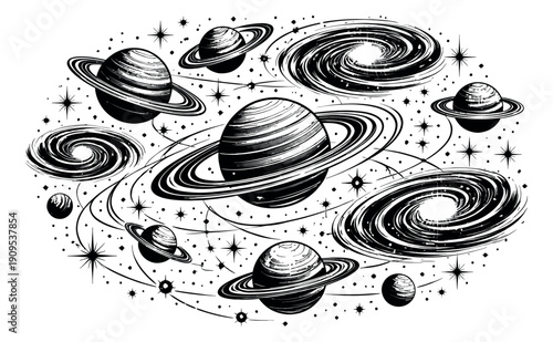 Hand drawn line art cosmic elements set featuring planets with rings, spiral galaxies, and stars for astronomy education