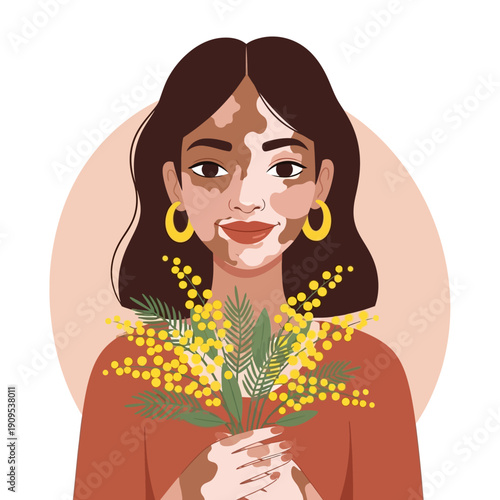 Woman with vitiligo holding mimosa flowers with yellow earrings and brown hair