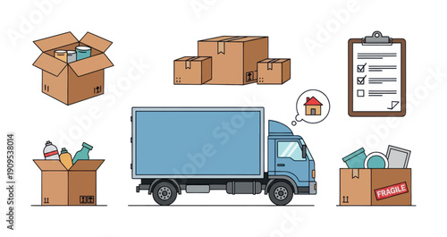 Efficient moving and relocation services depicted with a large blue delivery truck, assorted shipping containers, packed household items, and a signed checklist for secure transport and