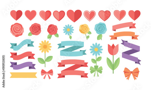 A charming collection of colorful hearts, flowers, ribbons, and bows perfect for romantic celebrations, event decorations, and greeting projects