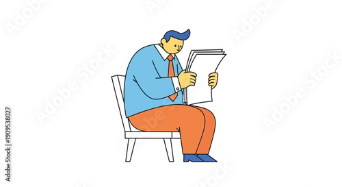 Businessman Sitting On Chair Reading A Newspaper With A Serious Expression On His Face