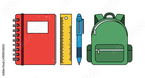 Colorful school supplies including a red notebook, yellow ruler, blue pen, and green backpack arranged for educational themes and back to school advertising.