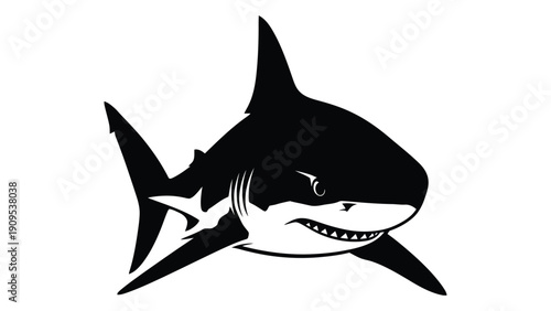 A detailed black and white illustration of a shark with sharp teeth and fins. isolated on white background, Vector