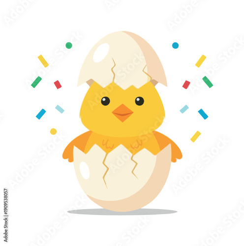 Adorable yellow chick hatching from an egg surrounded by festive colorful confetti, perfect for Easter celebration materials, spring holiday announcements, or baby shower invitations