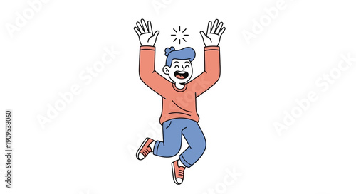 Excited young man jumping with joy, hands in the air, celebrating success and happiness