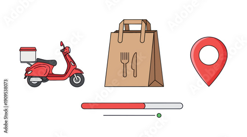 A vibrant graphic depicting a food delivery scooter, a meal bag, a location marker, and a progress bar, perfect for illustrating the convenient tracking of online food orders and quick home